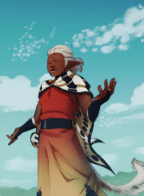 A character dressed in red with a white shawl enjoying a cool breeze in clear skies