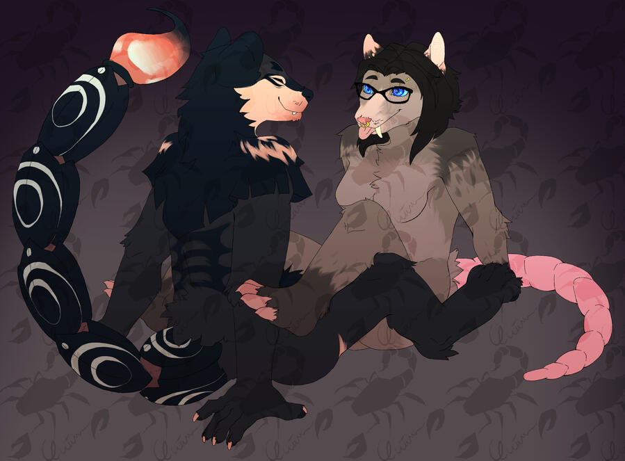 Two characters sitting across eachother with their legs locked, furry hybrid with wings and scorpion tail on left, anthro oppossum with glasses on right Two characters sitting across eachother with their legs locked, furry hybrid with wings and scorpion tail on left, anthro oppossum with glasses on right