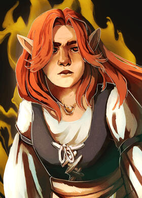 Red haired girl looking to viewer with fire in background